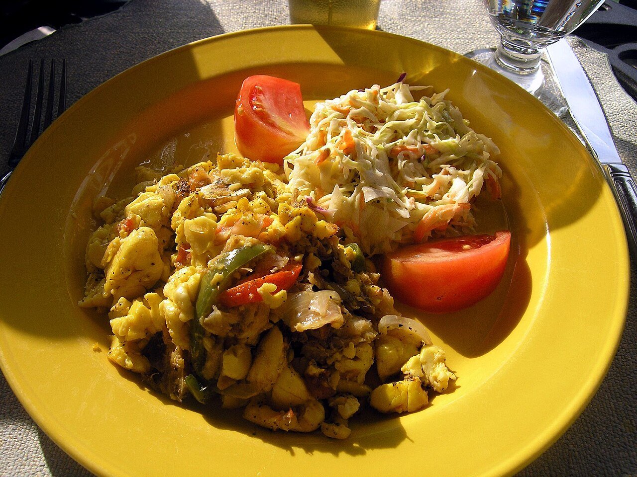 Representative photograph of Ackee and Saltfish. The photograph includes salad and other accompaniments not included in this recipe.