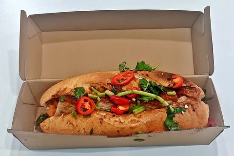 Representative photograph of Banh Mi Pork. The photograph uses crispy roast pork; this recipe pan-cooks marinated pork slices.