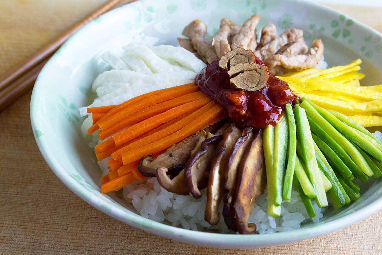 Representative photograph of Bibimbap. The photograph has different toppings and does not show the fried egg in this recipe.