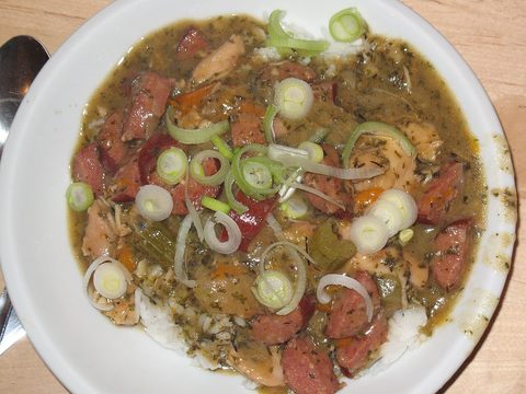 Representative photograph of Chicken and Sausage Gumbo. The photograph includes spring onion garnish not included in this recipe.