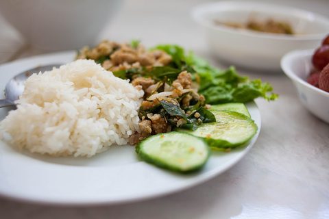 Representative photograph of Chicken Larb. The photo includes rice and cucumber accompaniments not included in this recipe.
