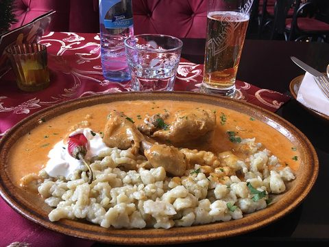 Representative photograph of Chicken Paprikash. The photograph includes spaetzle not included in this recipe.