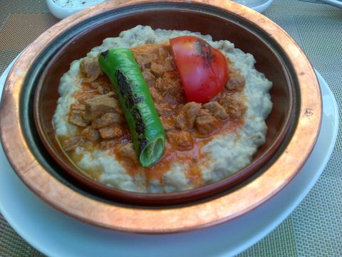 Representative photograph of Hunkar Begendi. The photograph includes tomato and pepper garnishes not included in this recipe.