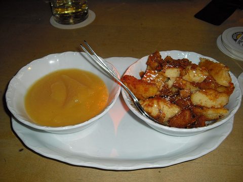Representative photograph of Kaiserschmarrn. The photograph includes apple sauce not included in this recipe.