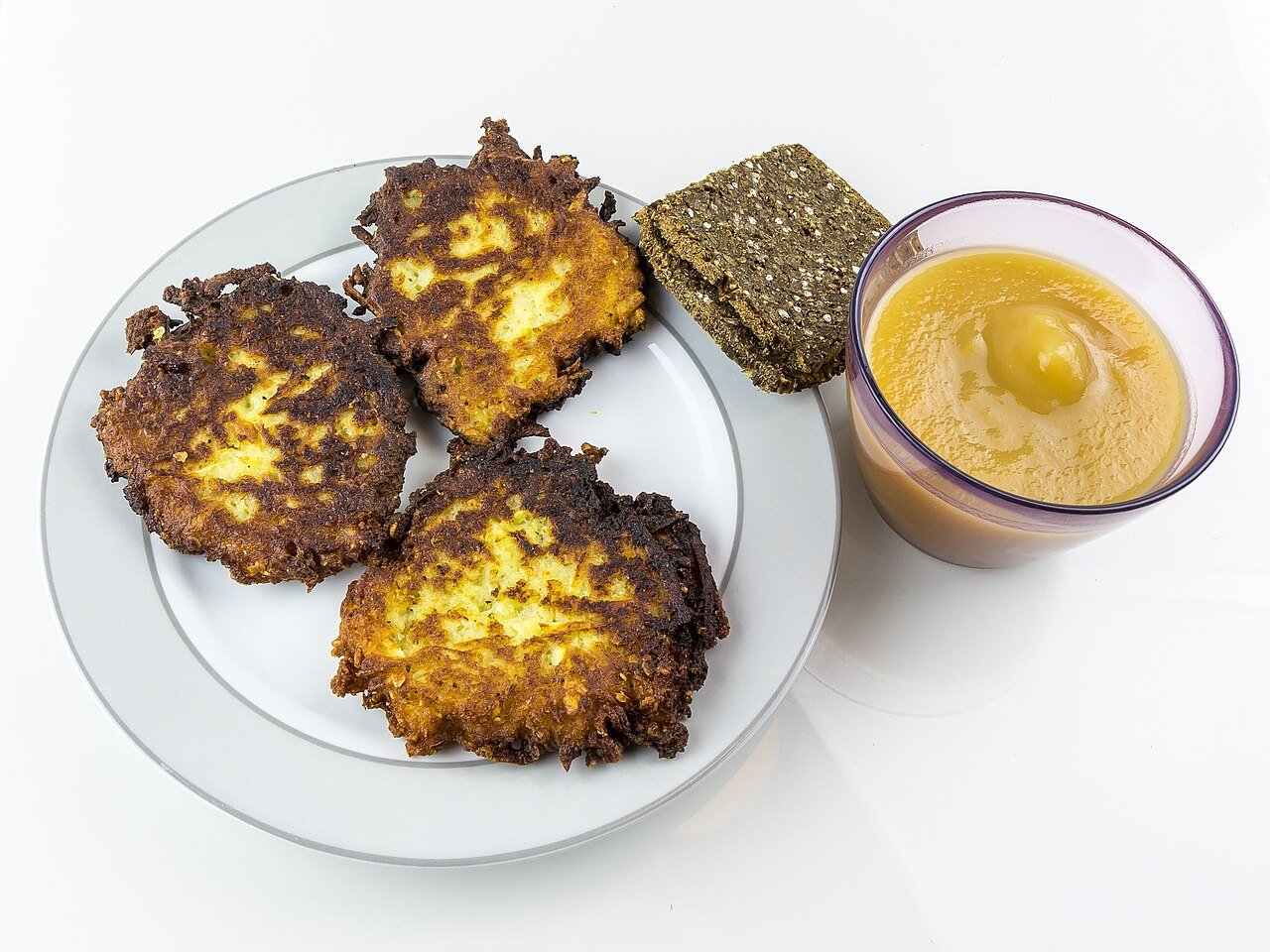 Representative photograph of Kartoffelpuffer. The photograph includes bread and apple sauce not included in this recipe.