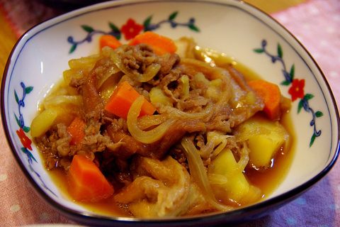 Representative photograph of Nikujaga. The photograph uses a different vegetable mix from this beef-and-potato recipe.