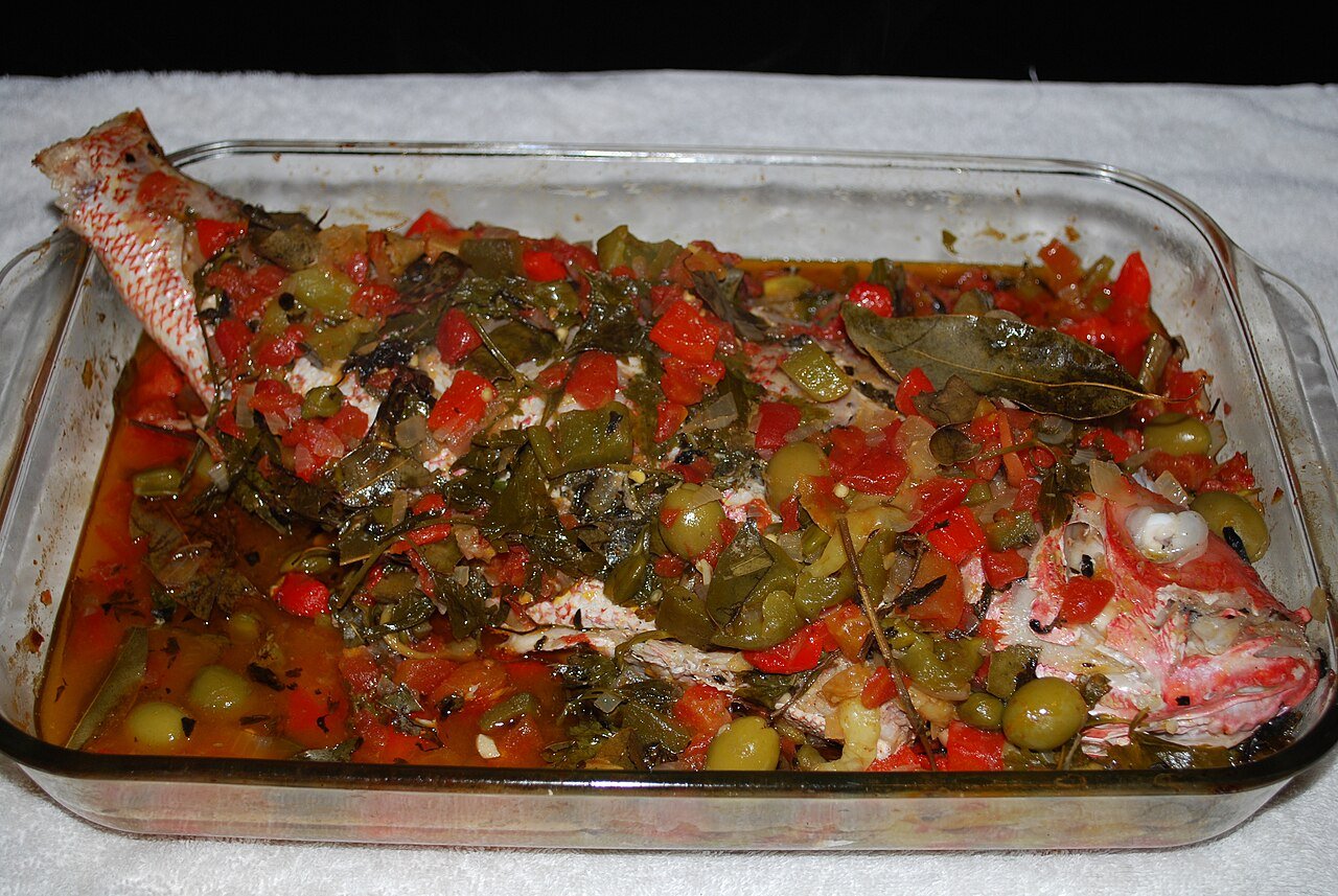 Representative photograph of Pescado a la Veracruzana. The photograph shows a whole fish; this recipe uses fillets.