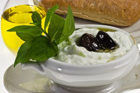 Representative photograph of Tzatziki. The photograph includes olives and bread not included in this recipe.