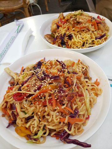 Representative photograph of Yakisoba. The photograph shows pork and tofu yakisoba plates; this recipe uses pork.